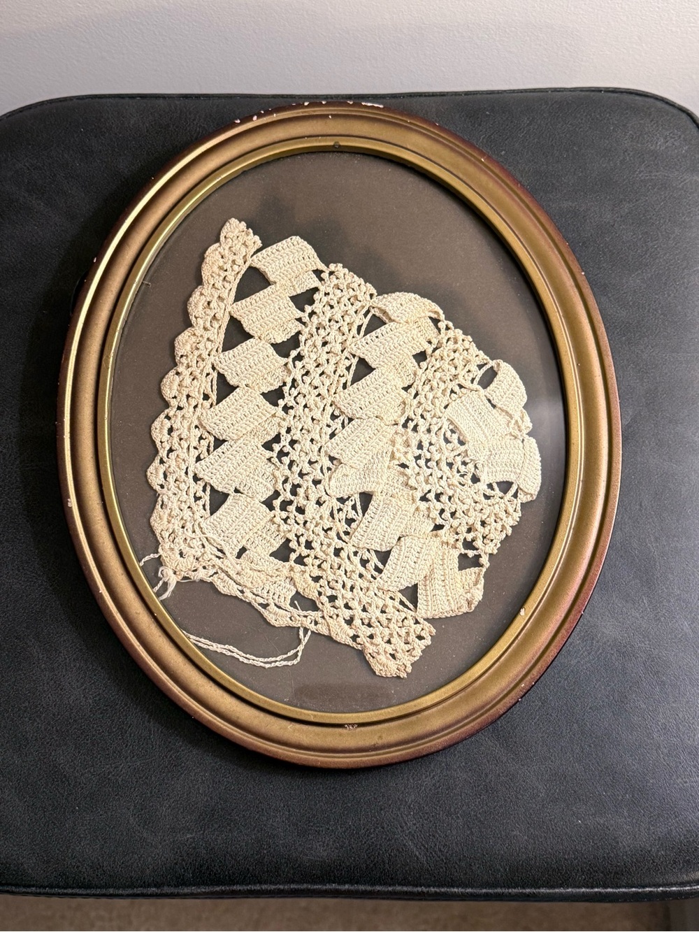Vintage Oval Wall Frame with Vintage Lace Cream Crochet Bonnet